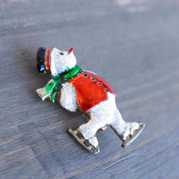 Vintage Enamel Snowman Brooch Skating Holiday Pin Red Green Glitter Hat - Picture 2 of 4